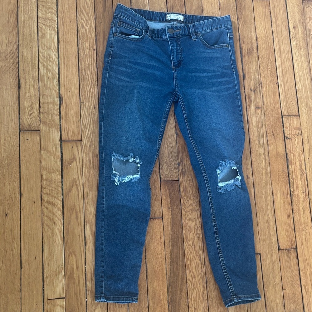 Free People Dark Blue Ripped Skinny Jeans